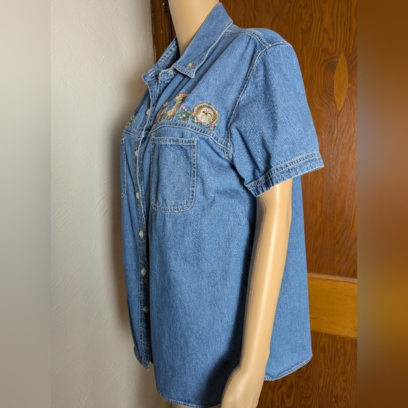 Puppy & Floral Embroidered Short Sleeve Jean Button Up Shirt Large - Picture 4 of 11